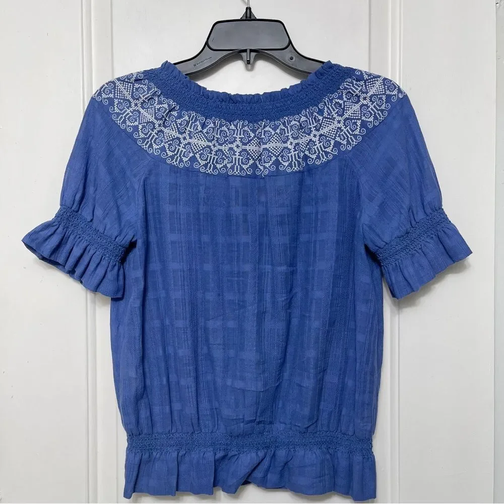 Tory Burch Nina Embroidered Peasant Short Sleeve Blouse in Blue Size XS